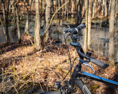 Bicycle on the trail in the forest, autumn season.