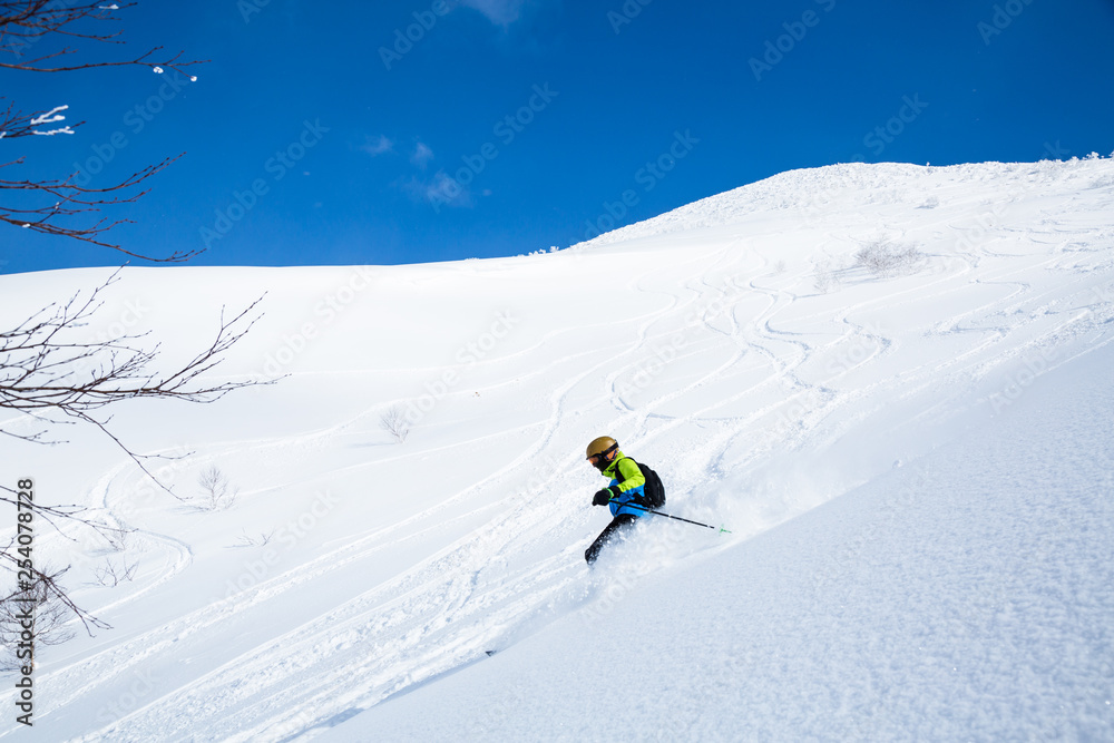 Telemark skier on Niseko Mountain backcountry powder slope