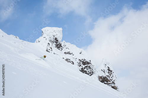 Backcountry skiing among volcanic rock formations in Hokkaido, Japan