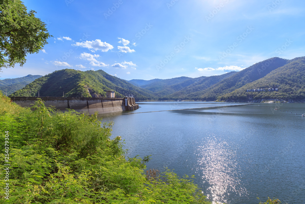 Bhumibol Dam with hydroelectric power plant and reservoir lake on Ping River, Tak, Thailand 