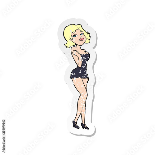 retro distressed sticker of a cartoon attractive woman in short dress
