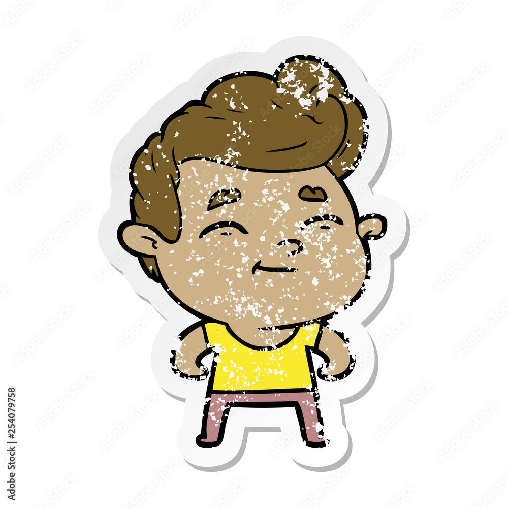 distressed sticker of a happy cartoon man distressed sticker of a happy cartoon man