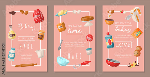 Time for baking set of banners. Baking ingredients and kitchen tools and utensils. Collection of realistic cartoon vector illustrations with cooking related objects. Honey, flour, soda.