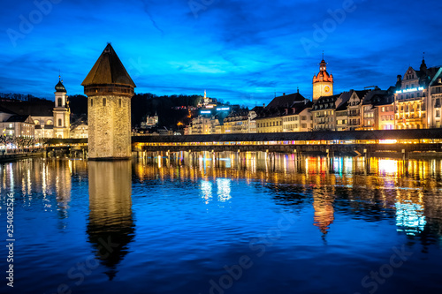Lucerne, Switzerland, the Old town and Chapel bridge in the late evening blue light