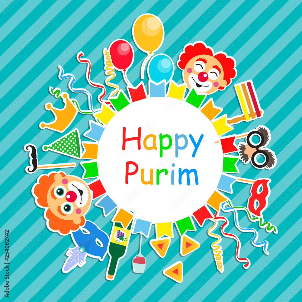Happy Purim Jewish Holiday greeting card. traditional carnival symbols design elements, icons. Vector illustration. Happy Purim Jewish Holiday greeting card. traditional carnival symbols design elements, icons. Vector illustration.