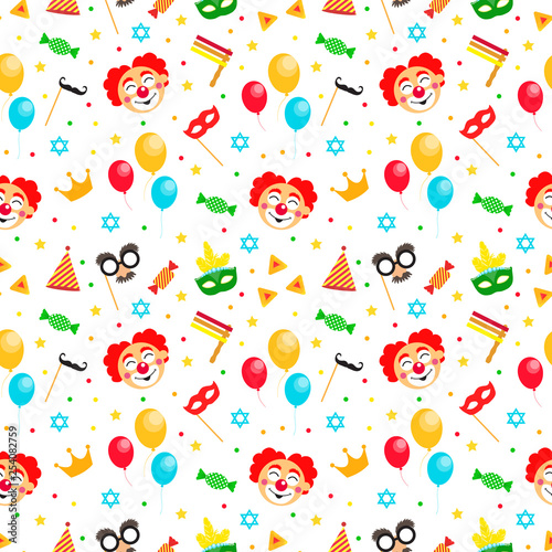 Happy Purim Jewish festival endless background, texture, wallpaper. Purim Jewish Holiday seamless pattern with carnival elements.