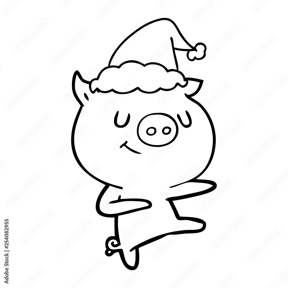 happy line drawing of a pig dancing wearing santa hat happy line drawing of a pig dancing wearing santa hat