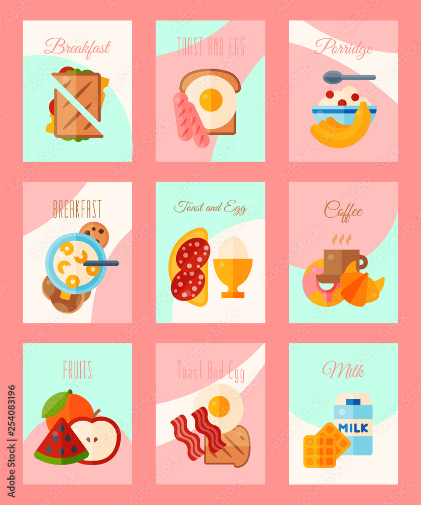 Breakfast concept set of cards or banners vector illustration. Healthy start day. Eating in the morning. Good morning. Fruit breakfast. Toast and egg. Coffee, porridge, fruits, milk.