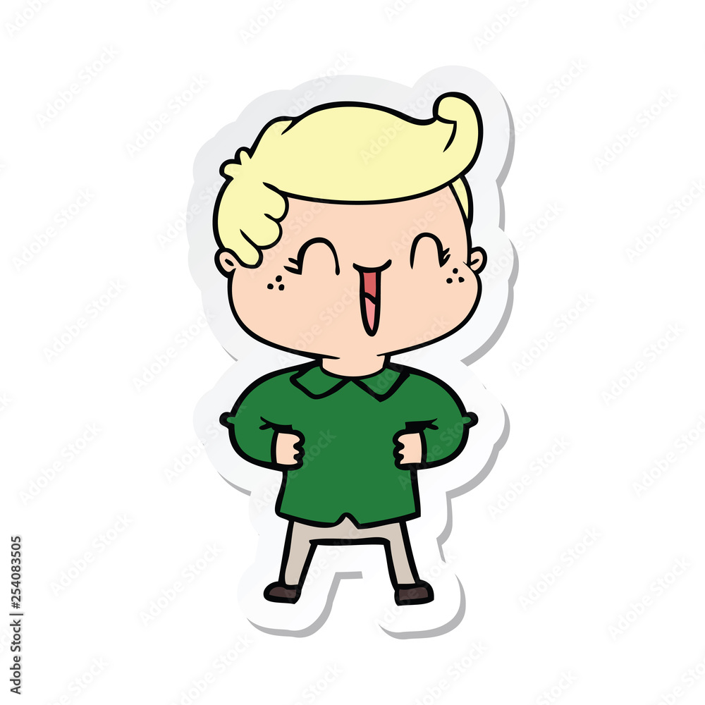 sticker of a cartoon laughing boy with hands on hips sticker of a cartoon laughing boy with hands on hips