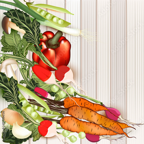 Food vegan background with organic vegetables on  wood texture, tree pattern, grunge style, vector
