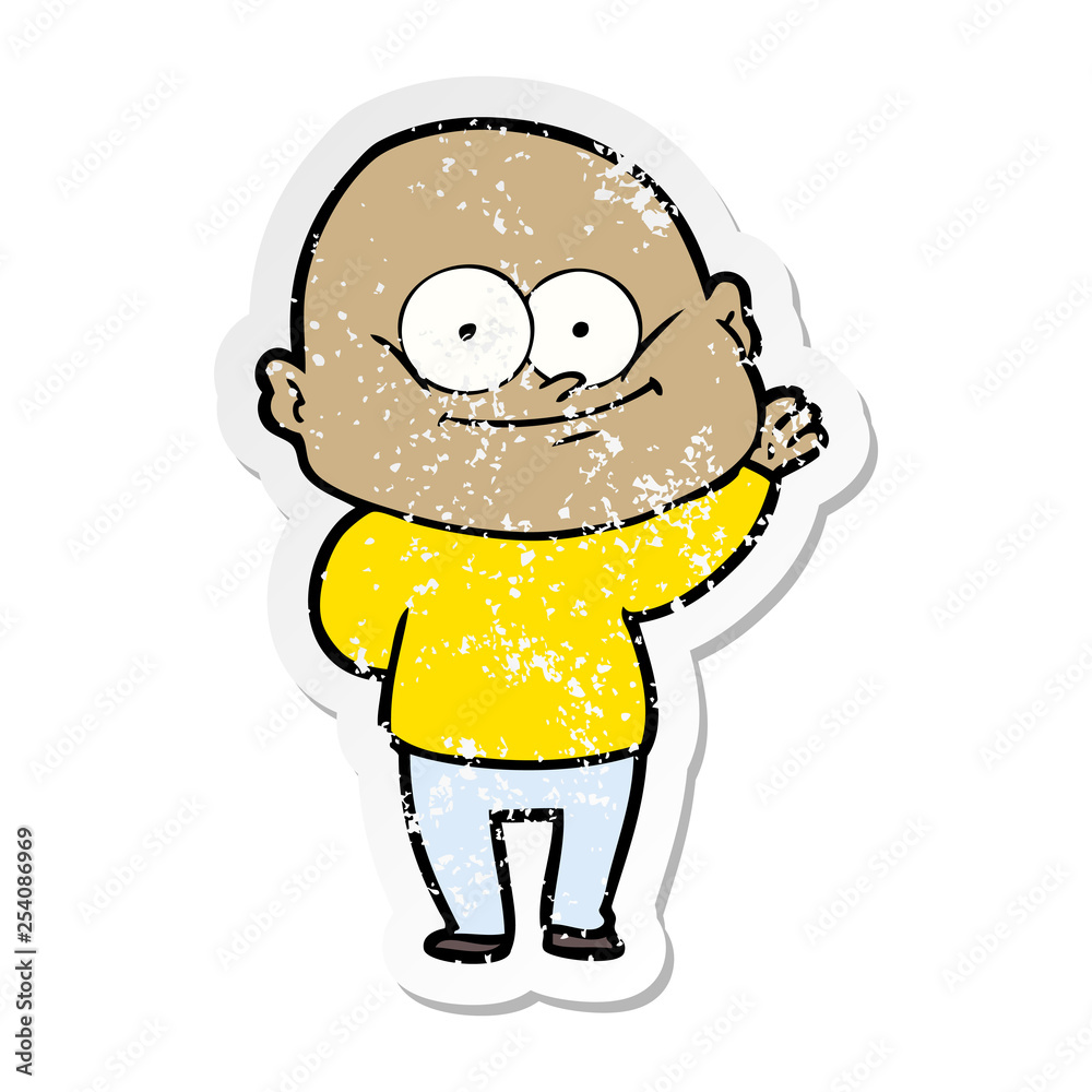 distressed sticker of a cartoon bald man staring