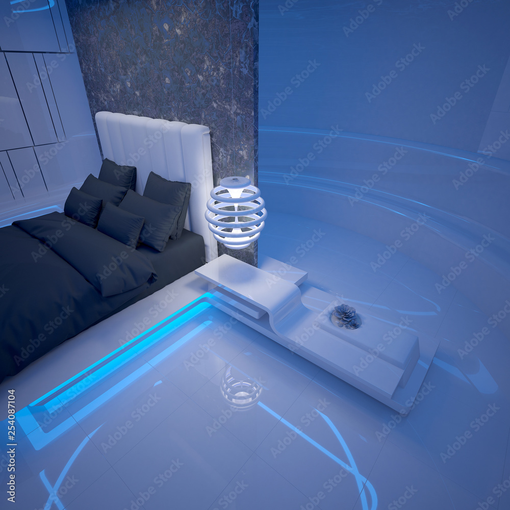 Futuristic interior design. Bedroom of the future. 3D illustration