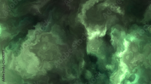 Stormy green clouds in a nebula in space, slowly moving, forming and dissolving,