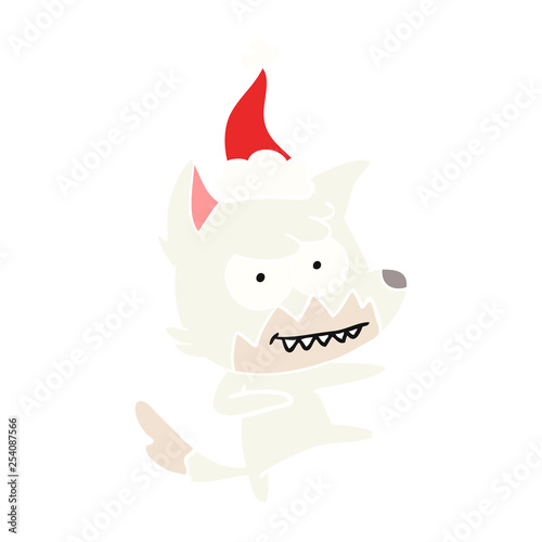 flat color illustration of a grinning fox wearing santa hat