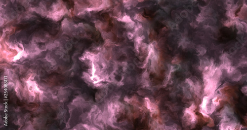 Stormy pink and red clouds in a nebula in space, slowly moving, forming and dissolving,