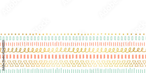 Seamless border doodle strokes, lines, triangles repeating vector pattern. Ethnic and tribal motifs, gold foil elements coral pink teal. Modern decor for cards, poster, invitation, celebration, banner
