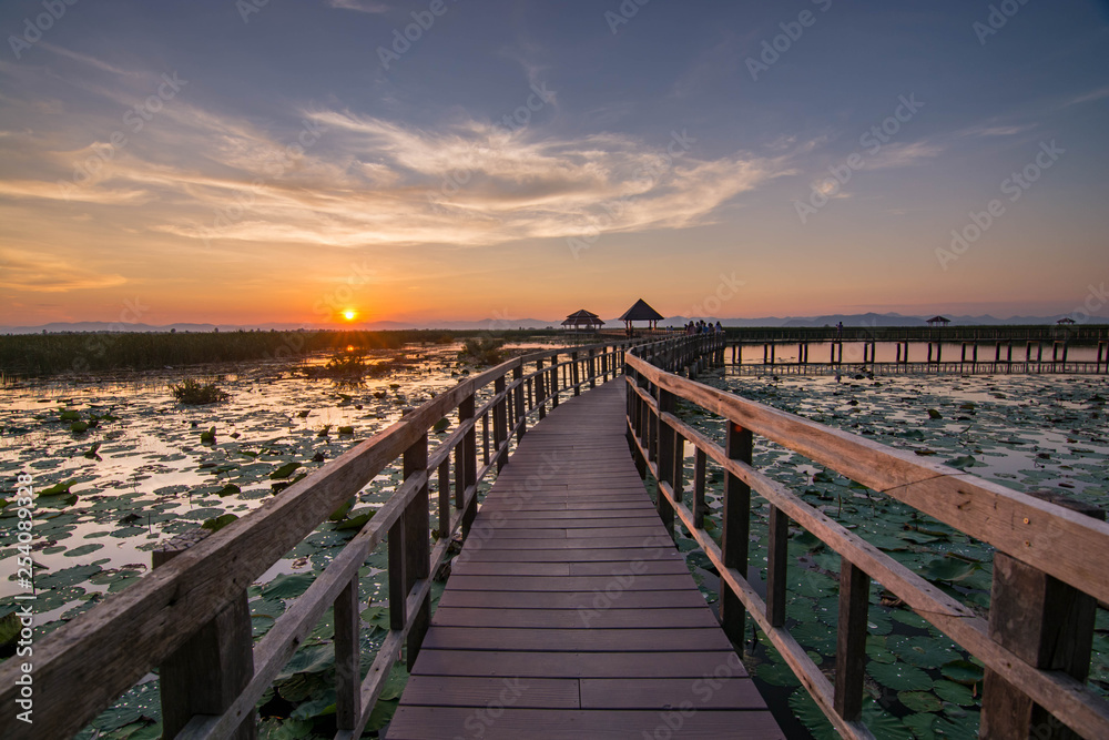 sunset landscape wood bridge 