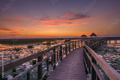 sunset landscape wood bridge 