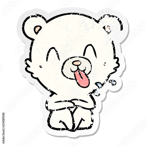 distressed sticker of a rude cartoon polar bear sticking out tongue