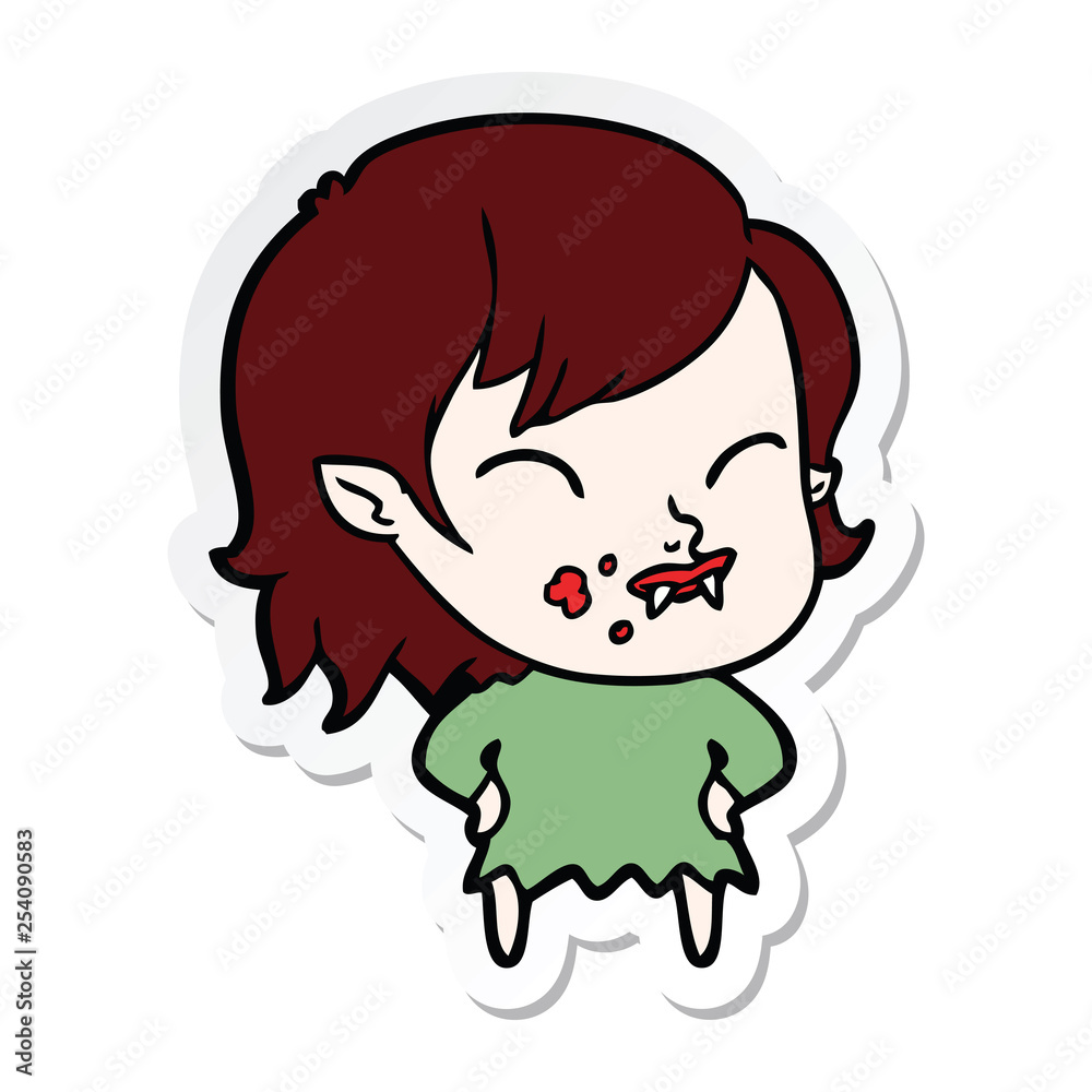 sticker of a cartoon vampire girl with blood on cheek sticker of a cartoon vampire girl with blood on cheek