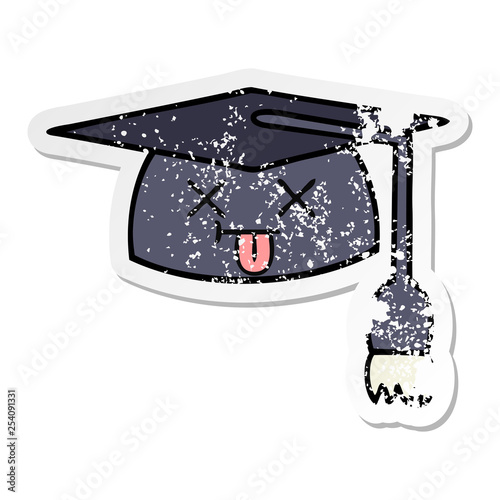 distressed sticker of a cute cartoon graduation hat