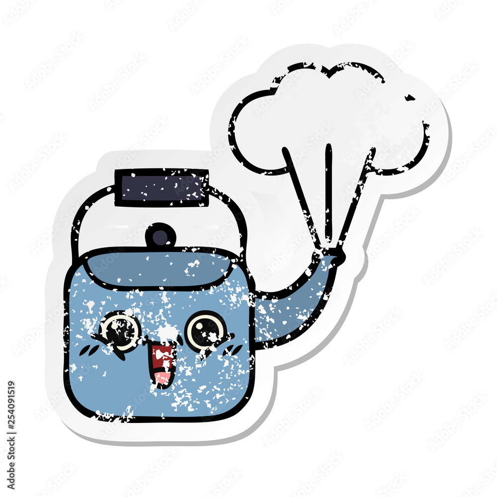 distressed sticker of a cute cartoon steaming kettle distressed sticker of a cute cartoon steaming kettle