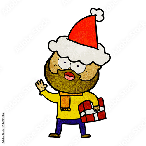 textured cartoon of a bearded man with present wearing santa hat © lineartestpilot