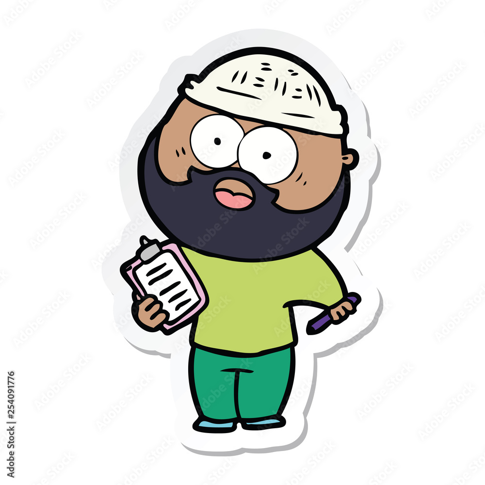 sticker of a cartoon bearded man with clipboard and pen