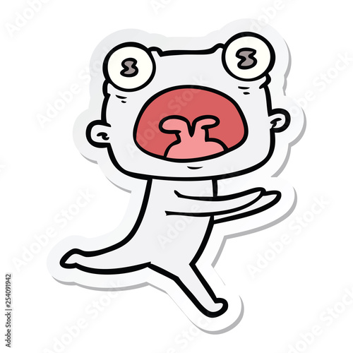 sticker of a cartoon weird alien running away