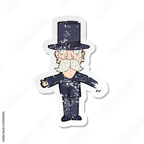 retro distressed sticker of a cartoon man wearing top hat