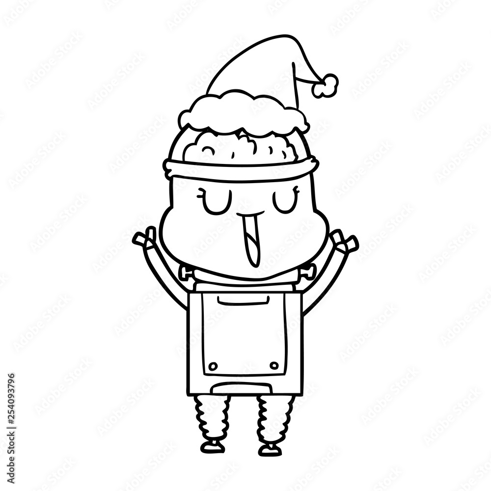happy line drawing of a robot wearing santa hat