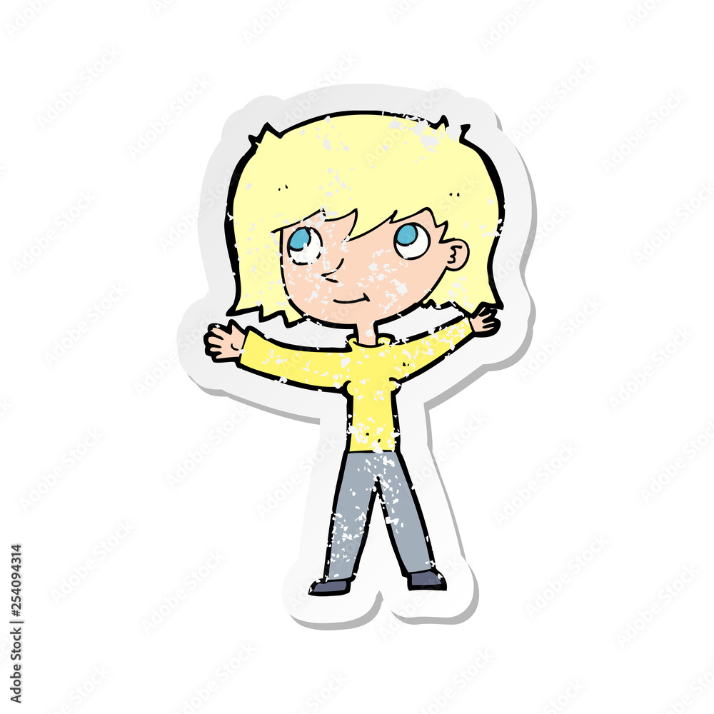retro distressed sticker of a cartoon happy girl retro distressed sticker of a cartoon happy girl