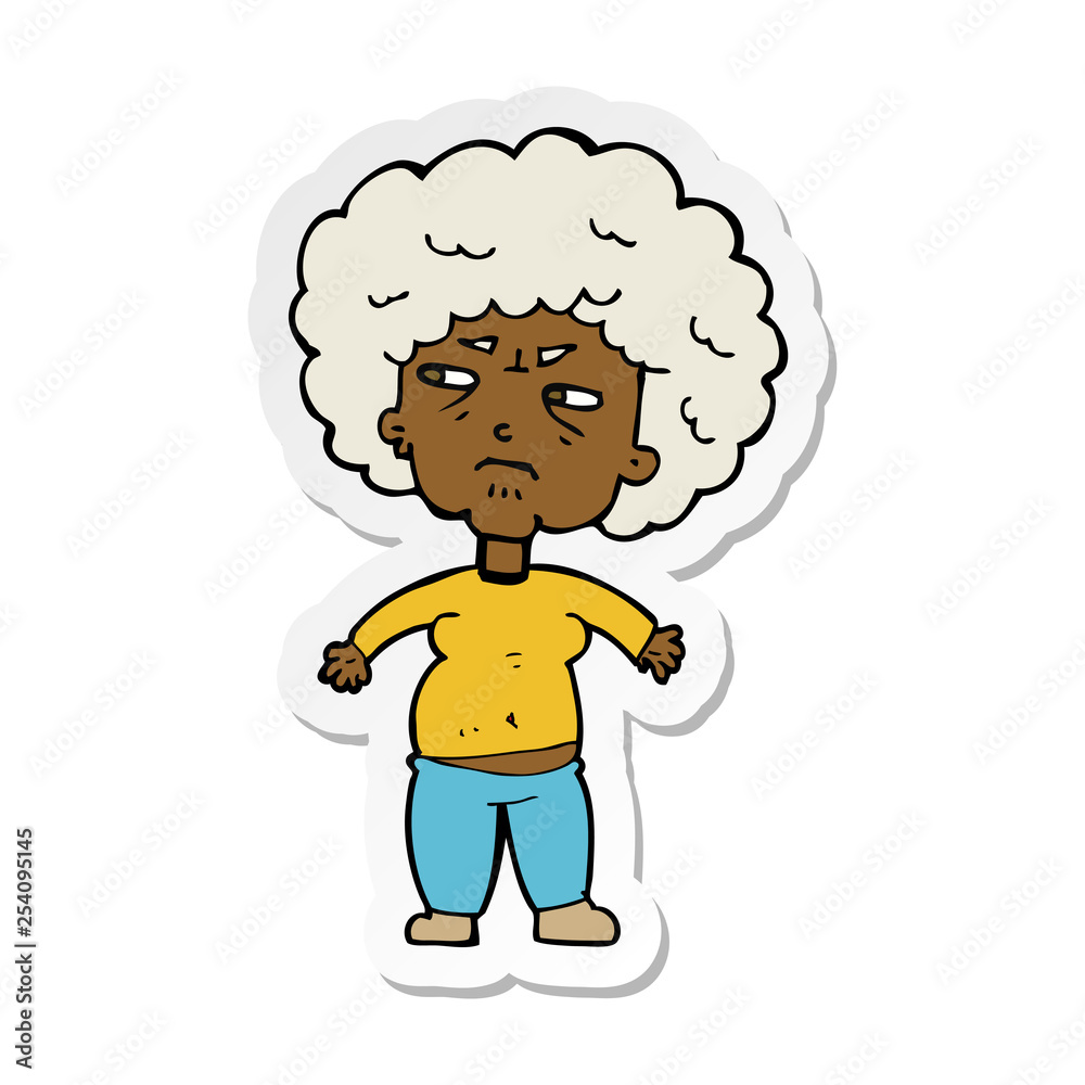 sticker of a cartoon annoyed old woman sticker of a cartoon annoyed old woman
