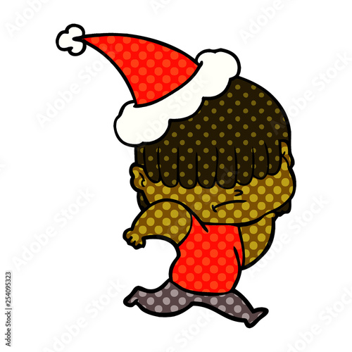 comic book style illustration of a boy with untidy hair wearing santa hat