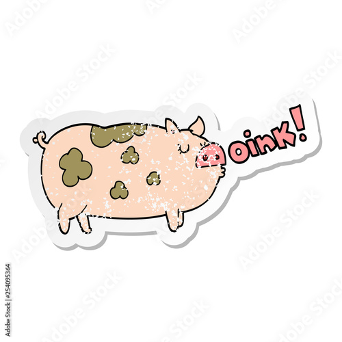 distressed sticker of a cartoon oinking pig