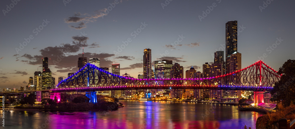 Brisbane Australia February 2nd 2019 : Beautiful Story bridge illuminated in front of the CBD at dusk