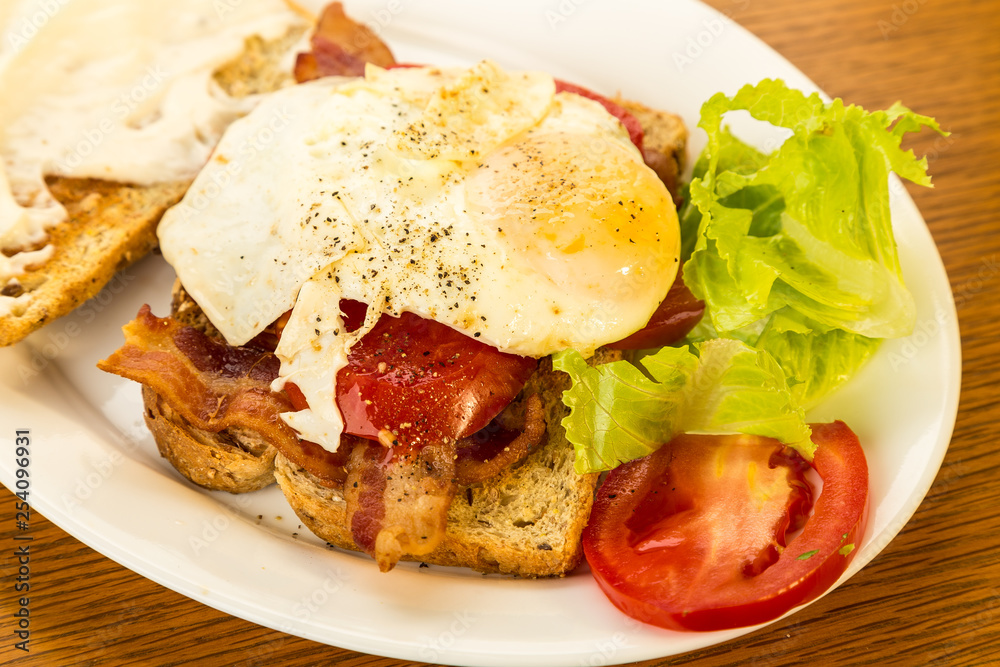 Fried Egg on Bacon Lettuce and Tomato Sandwich with Oak Grain BG Fried Egg on Bacon Lettuce and Tomato Sandwich with Oak Grain BG
