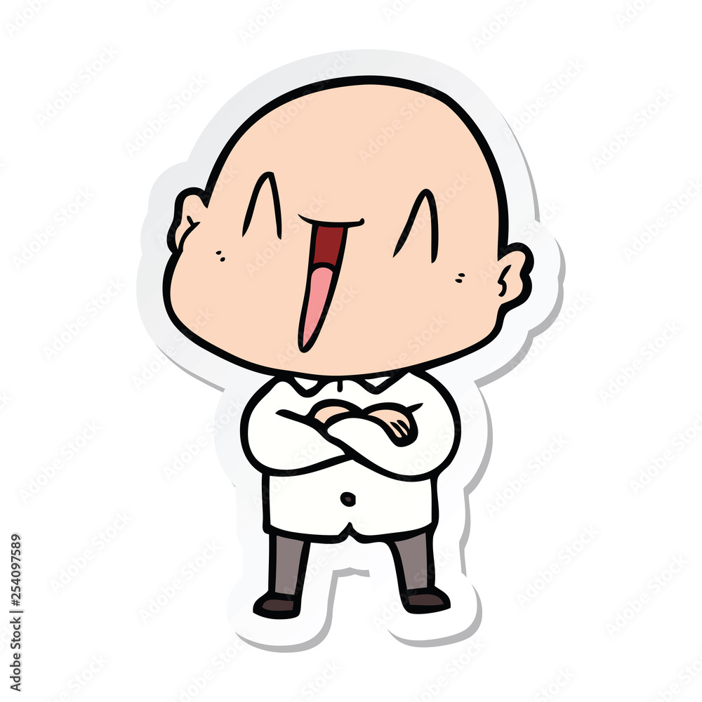 sticker of a happy cartoon bald man