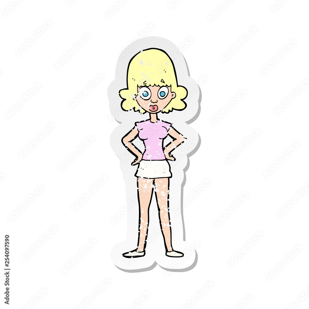 retro distressed sticker of a cartoon surprised woman retro distressed sticker of a cartoon surprised woman