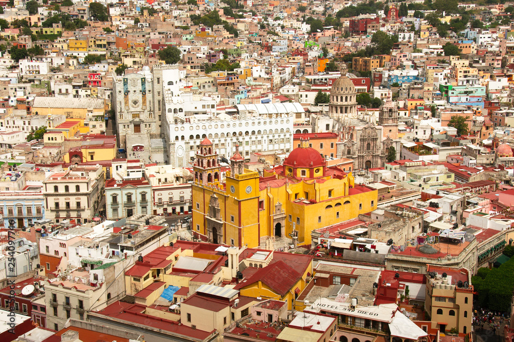 Aerial view of the historical center showing the University of Guanajuato and the Basilica of Our Lady of Guanajuato, Guanajuato City, Mexico.