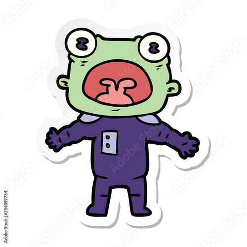 sticker of a cartoon weird alien communicating