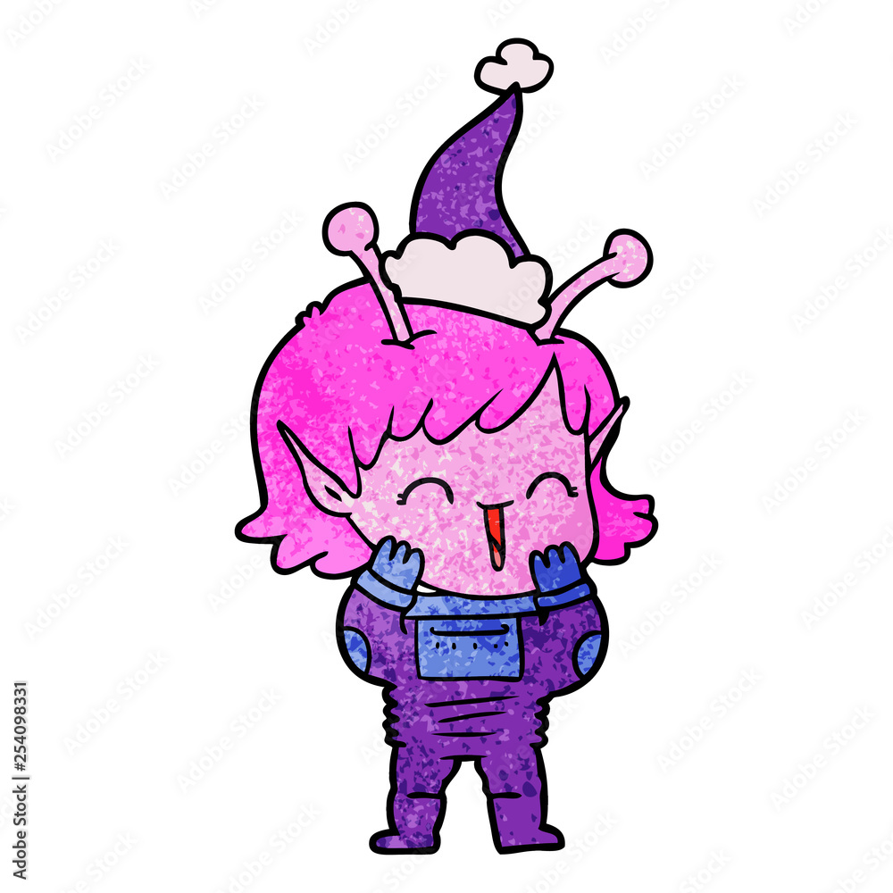 textured cartoon of a alien girl giggling wearing santa hat textured cartoon of a alien girl giggling wearing santa hat