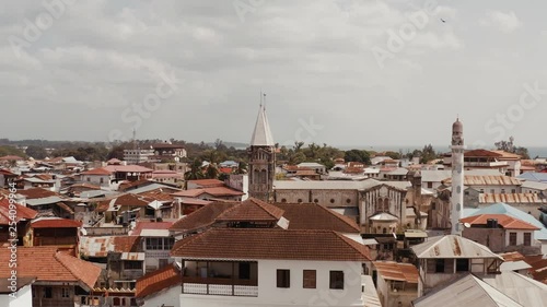 Aerial view of Zanzibar Stone Town districts with a church in between the buildings photo