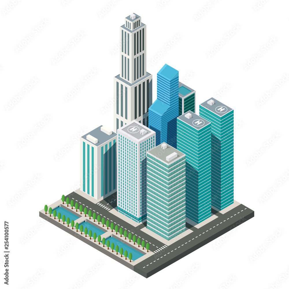 3D isometric city map skyscraper landscape with canal, illustration vector