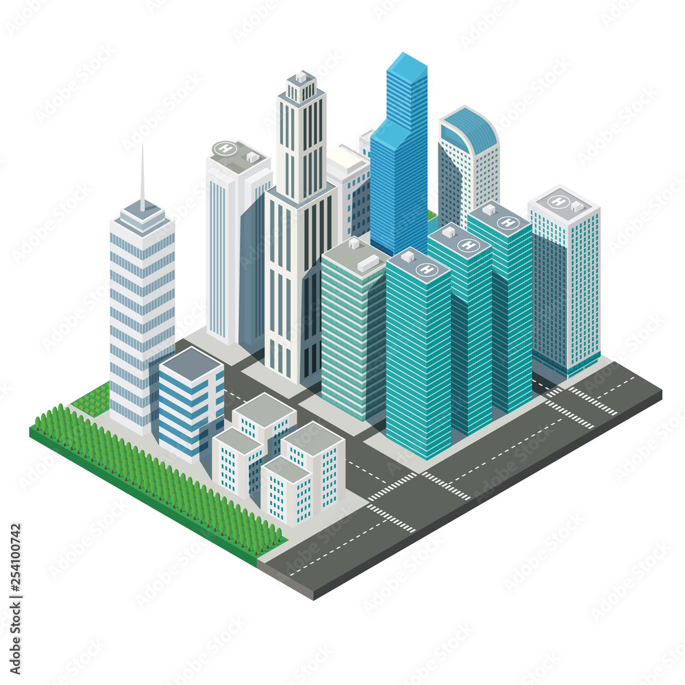 Fototapeta premium 3D isometric city map skyscraper landscape and streets tree, illustration vector