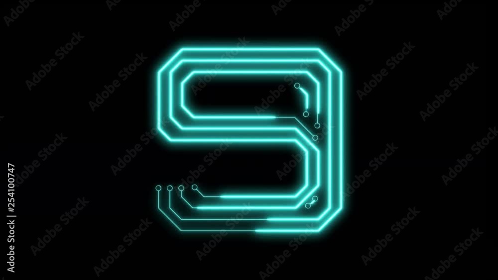 Animated blue neon glowing number 9 as circuit board style Animated blue neon glowing number 9 as circuit board style