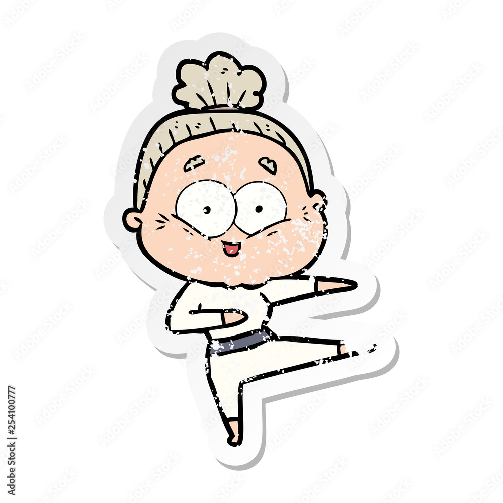distressed sticker of a cartoon happy old woman distressed sticker of a cartoon happy old woman