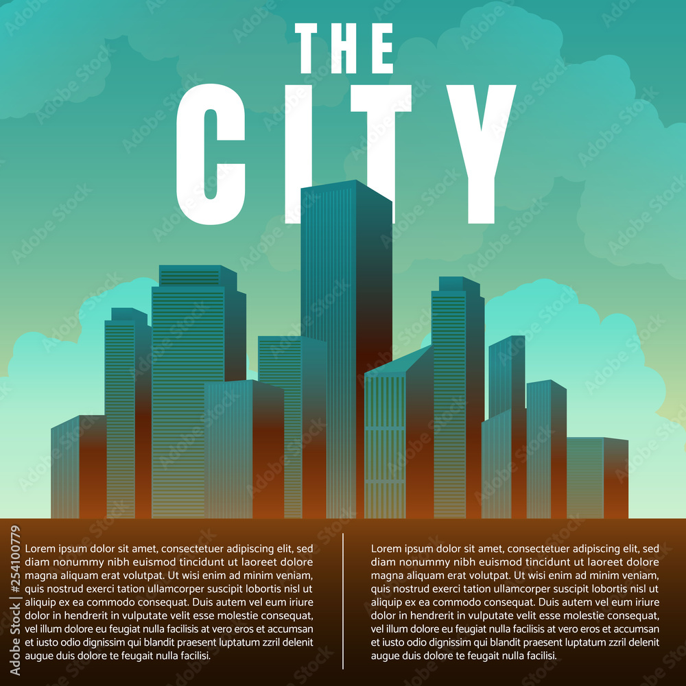 City downtown skyscrapers landscape architecture buildings retro poster. illustration Vector