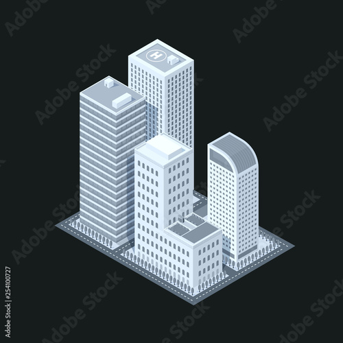 3D isometric city map skyscraper landscape and streets  black White  illustration vector