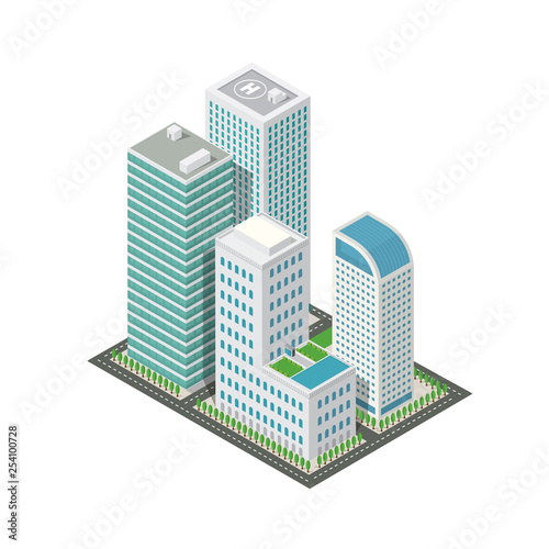 .3D isometric city map skyscraper landscape and streets, illustration vector